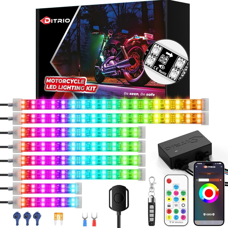 DITRIO 8PCS Double Row Motorcycle Led Lights with Brake Turn Signal,Underglow Light Kits with APP/RF Remote Control, Dual Zone,Waterproof,12V Pixelglow RGB Lights for Motorcycles, Golf Carts, UTVs - Image 1